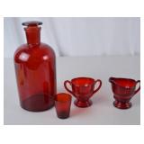 Ruby Red Glassware Lot - Decanter, Creamer, Sugar Bowl, Shot Glass (4 Pc)