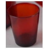 Ruby Red Glassware Lot - Decanter, Creamer, Sugar Bowl, Shot Glass (4 Pc)