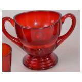 Ruby Red Glassware Lot - Decanter, Creamer, Sugar Bowl, Shot Glass (4 Pc)