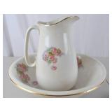 Antique Porcelain Wash Pitcher and Bowl Set, Floral with Gold Trim
