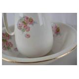 Antique Porcelain Wash Pitcher and Bowl Set, Floral with Gold Trim