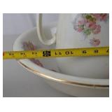 Antique Porcelain Wash Pitcher and Bowl Set, Floral with Gold Trim