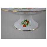 Porcelain Strawberry Pedestal Cake Plate with Gold Trim - 11 Inch