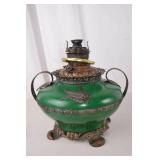 Antique Victorian Green Glass Oil Lamp with Ornate Metal Base