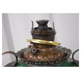 Antique Victorian Green Glass Oil Lamp with Ornate Metal Base