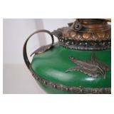 Antique Victorian Green Glass Oil Lamp with Ornate Metal Base