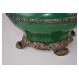 Antique Victorian Green Glass Oil Lamp with Ornate Metal Base