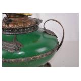 Antique Victorian Green Glass Oil Lamp with Ornate Metal Base