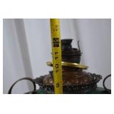 Antique Victorian Green Glass Oil Lamp with Ornate Metal Base