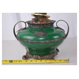 Antique Victorian Green Glass Oil Lamp with Ornate Metal Base