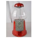 Vintage Red Metal and Glass Gumball Machine, 15 Inches Tall