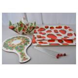 Strawberry Print Serving Lot - Trays, Bowl, Cutting Board, Swizzle Sticks
