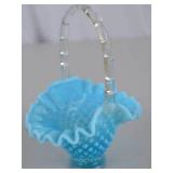 Vintage blue Fenton hobnail glass basket with clear handle, 8 inch