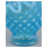 Vintage blue Fenton hobnail glass basket with clear handle, 8 inch
