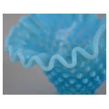 Vintage blue Fenton hobnail glass basket with clear handle, 8 inch