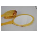 Vintage Marbled Yellow Celluloid Vanity Set - Mirror, Brush, Jar