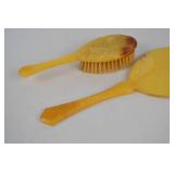 Vintage Marbled Yellow Celluloid Vanity Set - Mirror, Brush, Jar