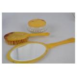 Vintage Marbled Yellow Celluloid Vanity Set - Mirror, Brush, Jar