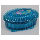 Fenton blue glass trinket box with hand-painted floral lid