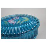 Fenton blue glass trinket box with hand-painted floral lid