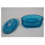 Fenton blue glass trinket box with hand-painted floral lid