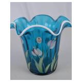 Fenton Art Glass Handpainted Blue Flower Vase, 8 in