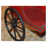 Vintage Red Painted Wooden Doll Carriage with Cast Iron Wheels