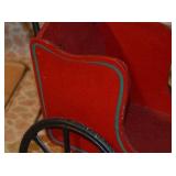 Vintage Red Painted Wooden Doll Carriage with Cast Iron Wheels