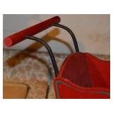 Vintage Red Painted Wooden Doll Carriage with Cast Iron Wheels