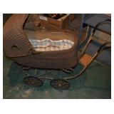 Antique Wicker Baby Carriage with Iron Frame and Wheels