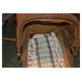 Antique Wicker Baby Carriage with Iron Frame and Wheels