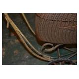 Antique Wicker Baby Carriage with Iron Frame and Wheels