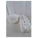 White Milk Glass Punch Bowl and 12 Cups Set