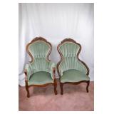 Pair of Victorian-Style Carved Wood Parlor Chairs, Green Upholstery