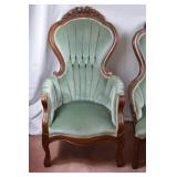 Pair of Victorian-Style Carved Wood Parlor Chairs, Green Upholstery