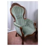 Pair of Victorian-Style Carved Wood Parlor Chairs, Green Upholstery