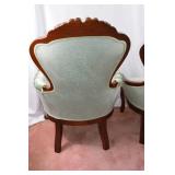 Pair of Victorian-Style Carved Wood Parlor Chairs, Green Upholstery