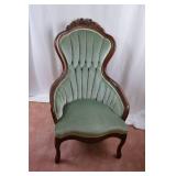 Pair of Victorian-Style Carved Wood Parlor Chairs, Green Upholstery