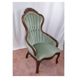 Pair of Victorian-Style Carved Wood Parlor Chairs, Green Upholstery