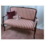 Antique Carved Wood Settee with Checked Upholstery, 45" Wide