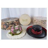 Vintage Floral and Straw Hats with Three Decorative Hat Boxes