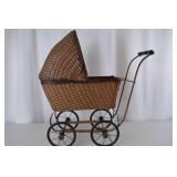 Antique Wicker Baby Carriage Pram with Metal Frame and Handle