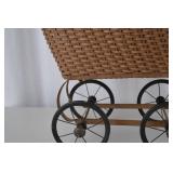Antique Wicker Baby Carriage Pram with Metal Frame and Handle