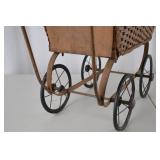 Antique Wicker Baby Carriage Pram with Metal Frame and Handle