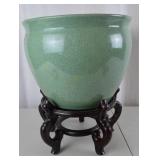 Large Green Crackle Glaze Planter with Wood Stand, 17in x 18in