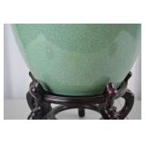 Large Green Crackle Glaze Planter with Wood Stand, 17in x 18in