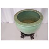 Large Green Crackle Glaze Planter with Wood Stand, 17in x 18in