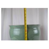 Large Green Crackle Glaze Planter with Wood Stand, 17in x 18in