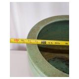 Large Green Crackle Glaze Planter with Wood Stand, 17in x 18in