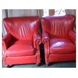 Pair of Red Leather Club Chairs with Brass Nailhead Trim